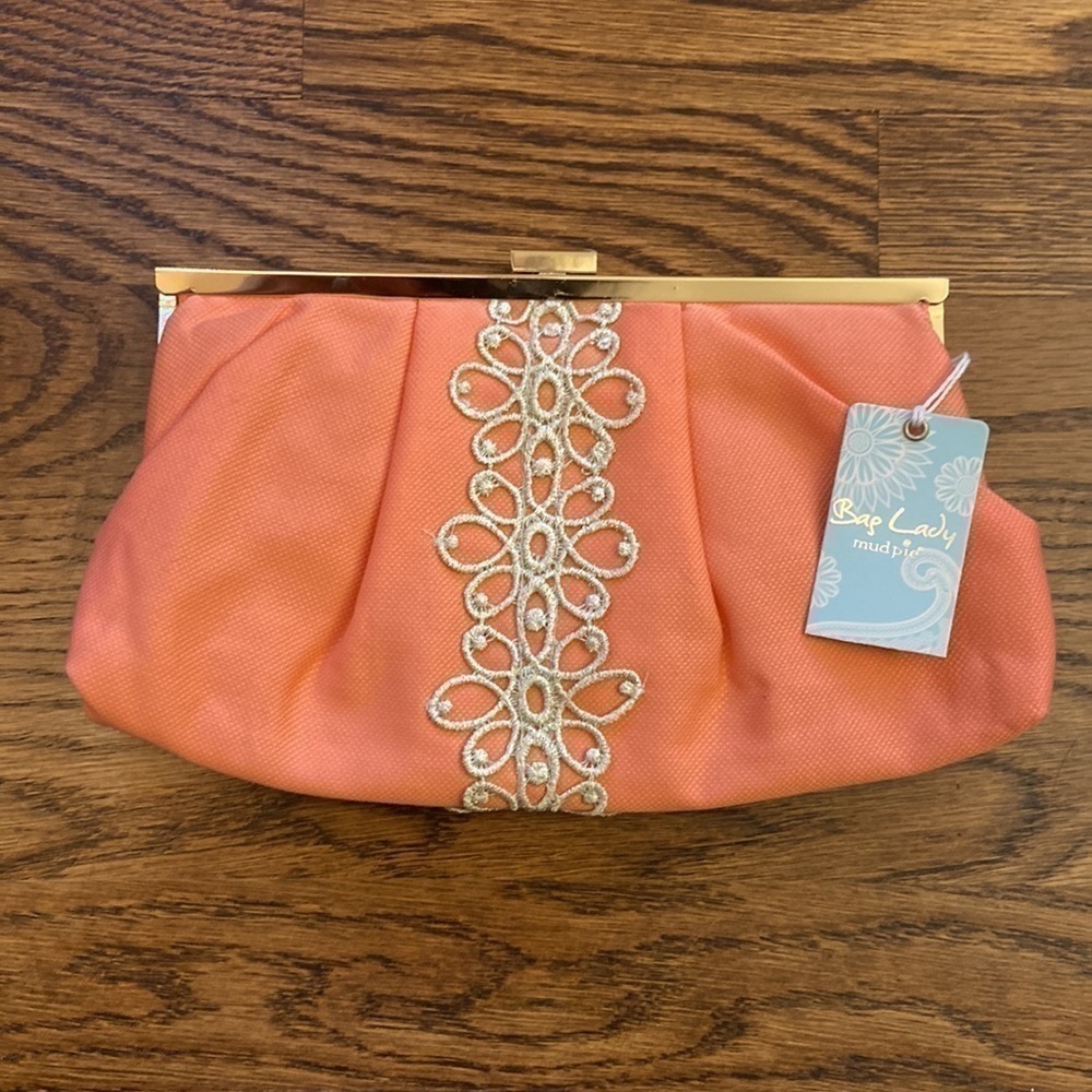 MUDPIE Peach‎ Clutch With Lace Detail NWT